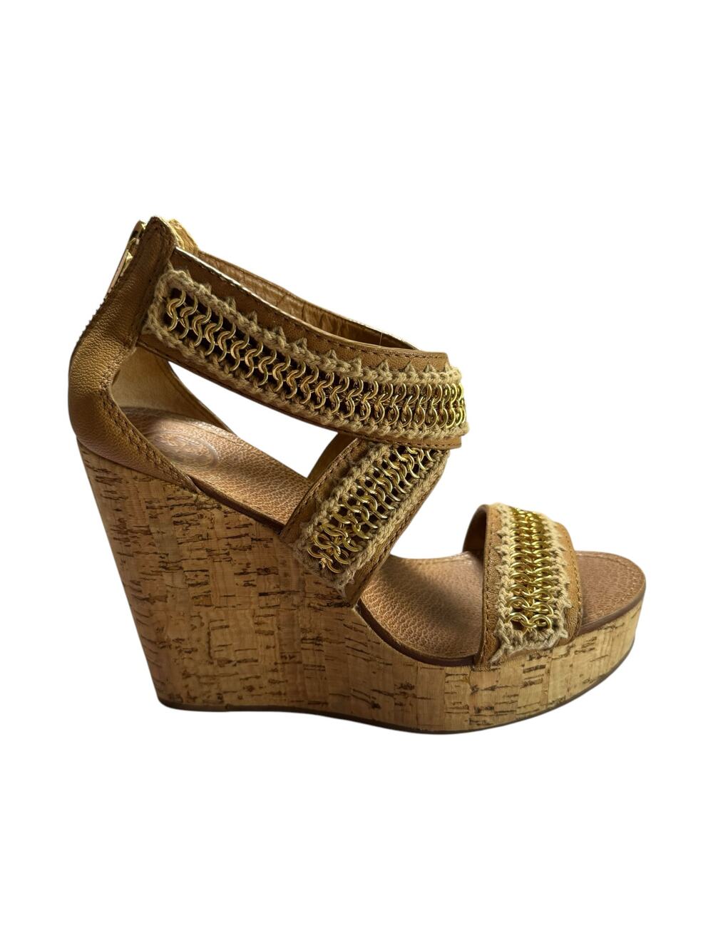 Tory Burch Lucian Tan Leather Gold Chain Strappy Wedge Sandals - Size 7 ½